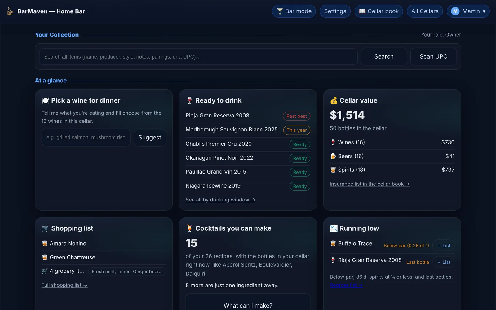 The BarMaven dashboard: wines ready to drink, cellar value, the shopping list and cocktails you can make.