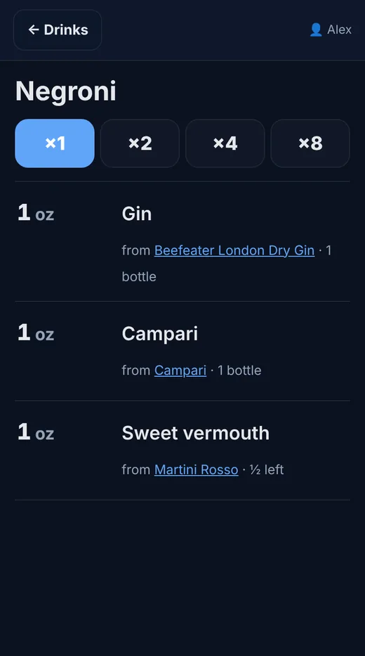 Bar mode showing a Negroni spec with the bottle each ingredient comes from.