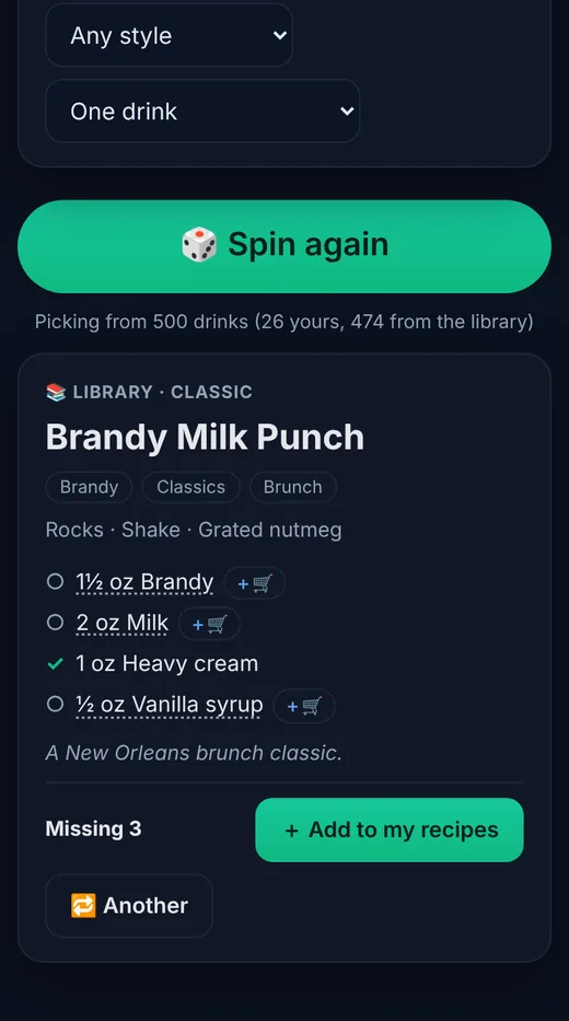 Surprise me picking a Brandy Milk Punch, with missing ingredients marked.