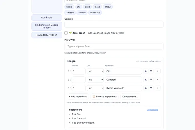 The recipe editor: one line per ingredient, with a live recipe card.