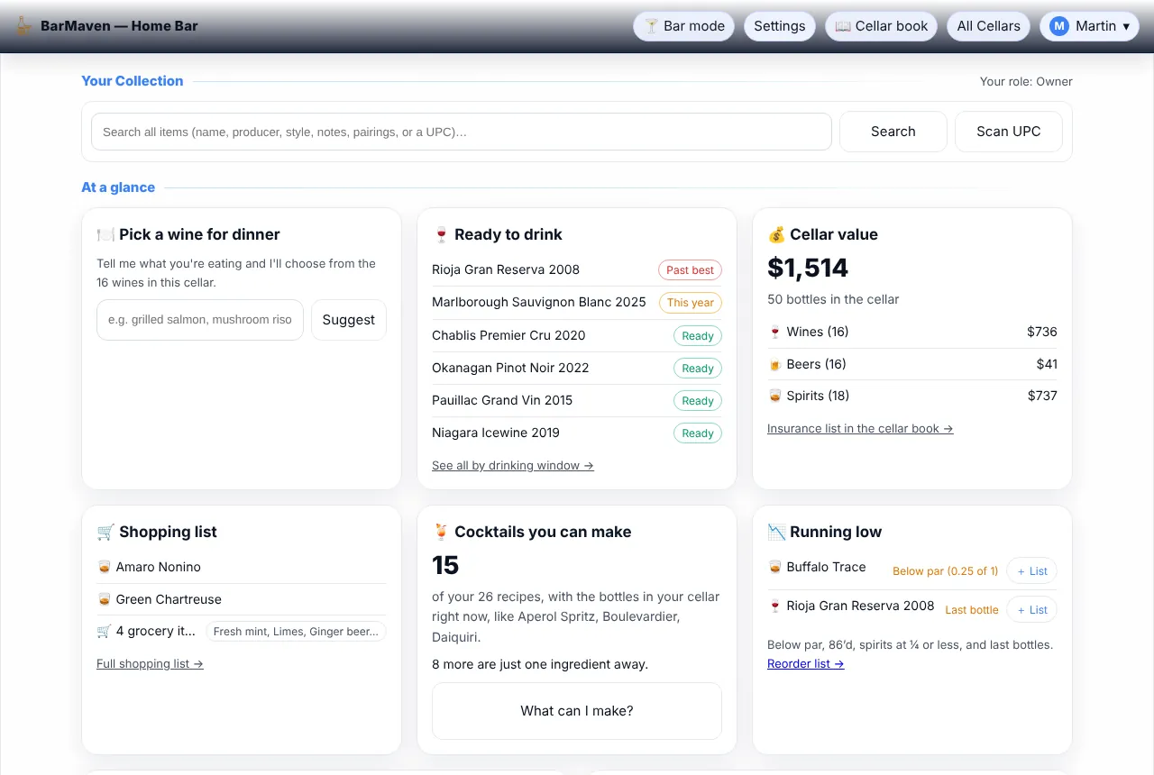 The top of the dashboard: header buttons, search, and the “At a glance” cards.