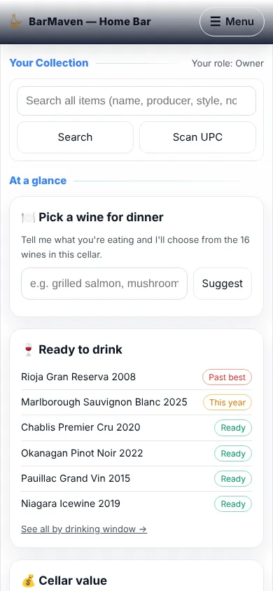 On a phone the header folds into ☰ Menu and the cards stack.