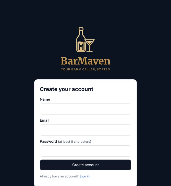 Creating an account takes a name, an email and a password.